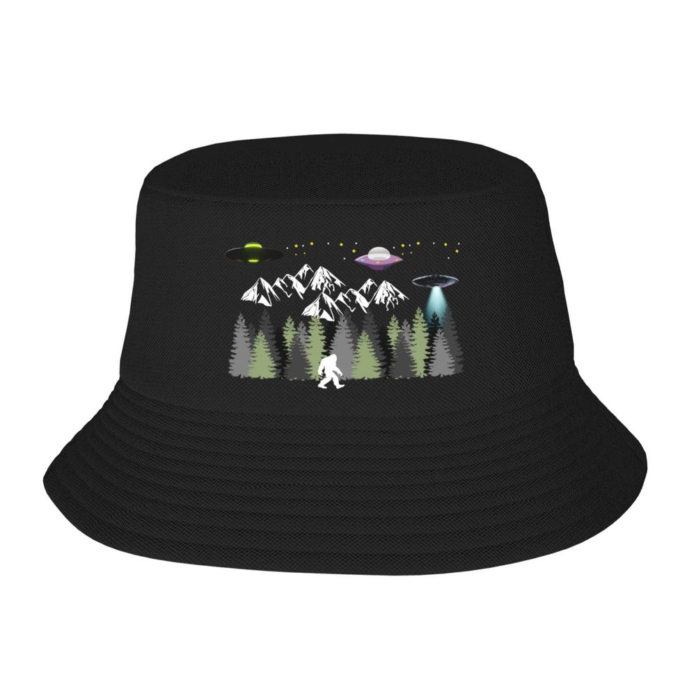 UFO Bigfoot Sasquatch Trees Forest Hide and Seek Bucket Hat for Men Women Summer Beach Hat Fishing Cap Sun Hats Black