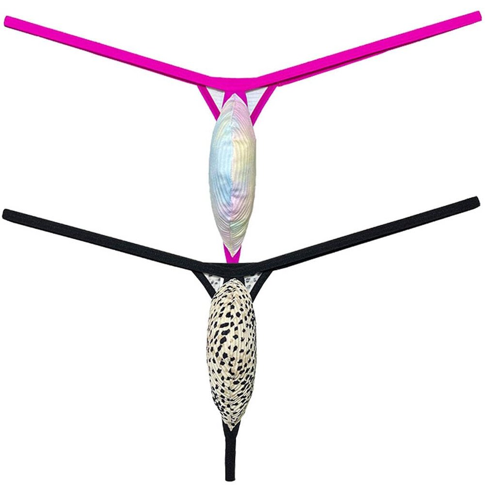 Jaxu Men's Ultra Minimum Comerage G-string Thong Underpants Tiny Slip T-back Drop Shape Underwear Male Hot Micro Thong 2-Pack(Dream Color,Leopard) XL