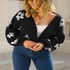 chouyatou Women's Fuzzy Daisy Printed Cropped Cardigan Open Front Jacquard Knit Sweater Tops (Medium, Black) view 2