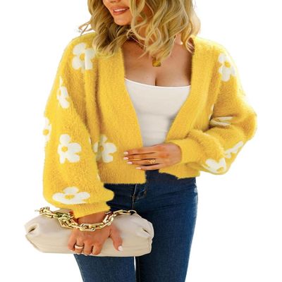 chouyatou Women's Fuzzy Daisy Printed Cropped Cardigan Open Front Jacquard Knit Sweater Tops (X-Small, Yellow)