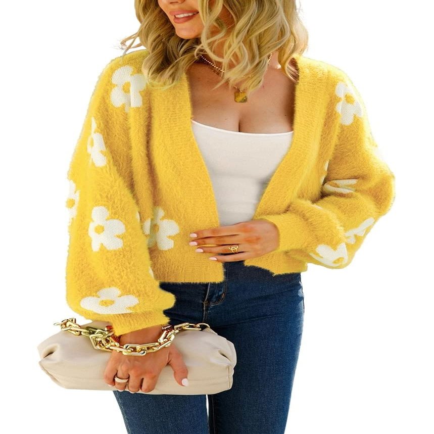 chouyatou Women's Fuzzy Daisy Printed Cropped Cardigan Open Front Jacquard Knit Sweater Tops (X-Small, Yellow)