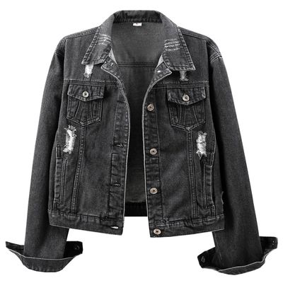 Kedera Womens Washed Black Button Up Long Sleeve Denim Trucker Jacket Distressed Ripped Denim Jackets Fashion Distressed Jean Jacket for Women with Pockets (US 20-22) 2XL