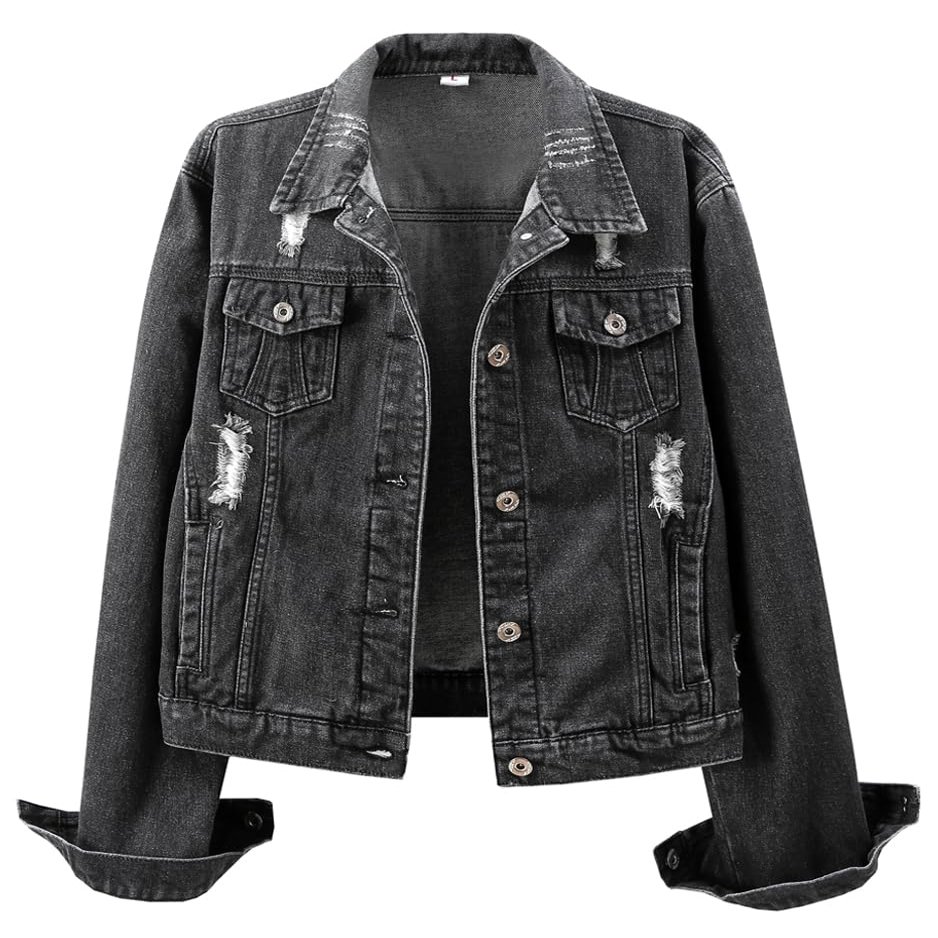 Kedera Womens Washed Black Button Up Long Sleeve Denim Trucker Jacket Distressed Ripped Denim Jackets Fashion Distressed Jean Jacket for Women with Pockets (US 20-22) 2XL