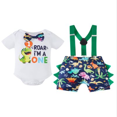 MOMMY'S NEW MAN Toddler Baby Boys 1st Birthday Dinosaur Cake Smash Outfit Short Sleeve Bodysuit Bloomers Adjustable Back Suspenders (18-24 Months)