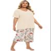 Vozanet Women's Pajamas Set Soft V Neck Sleepwear Top and Capri Pj Lounge Sets Plus Size Novel Floral Design Elegant Loungewear Capri Sets, Beige, XX-Large view 2