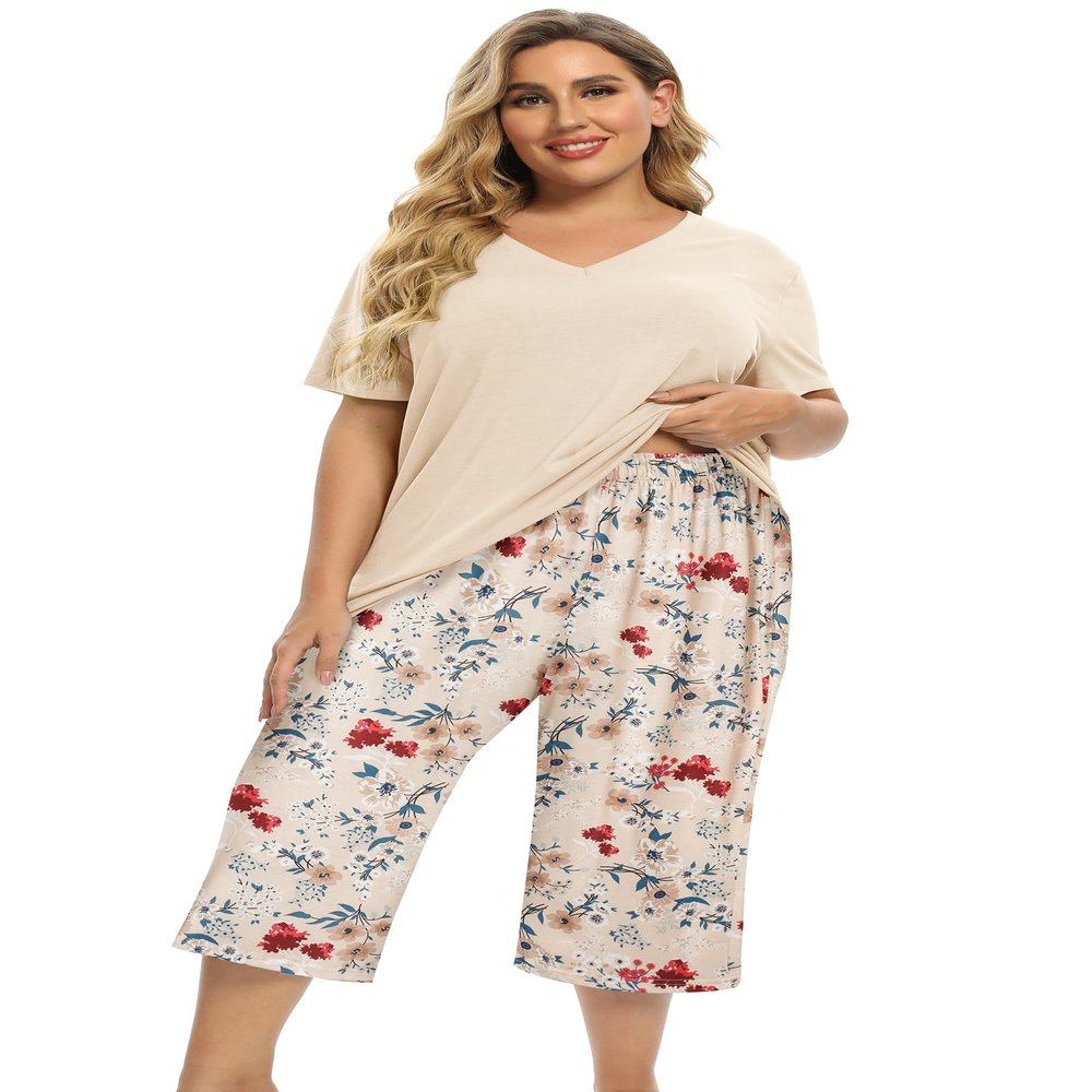 Vozanet Women's Pajamas Set Soft V Neck Sleepwear Top and Capri Pj Lounge Sets Plus Size Novel Floral Design Elegant Loungewear Capri Sets, Beige, X-Large