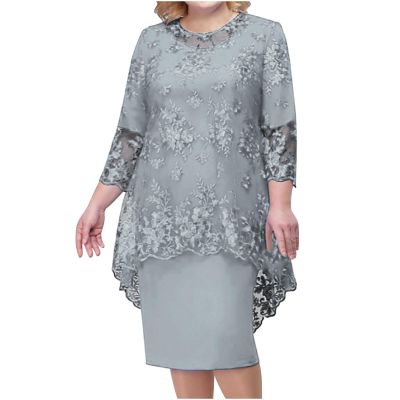 Wedding Guest Dresses Women Ladies 3/4 Sleeve Embroidered Lace Cocktail Dress Knee Length Evening Party Ball Gown Gray