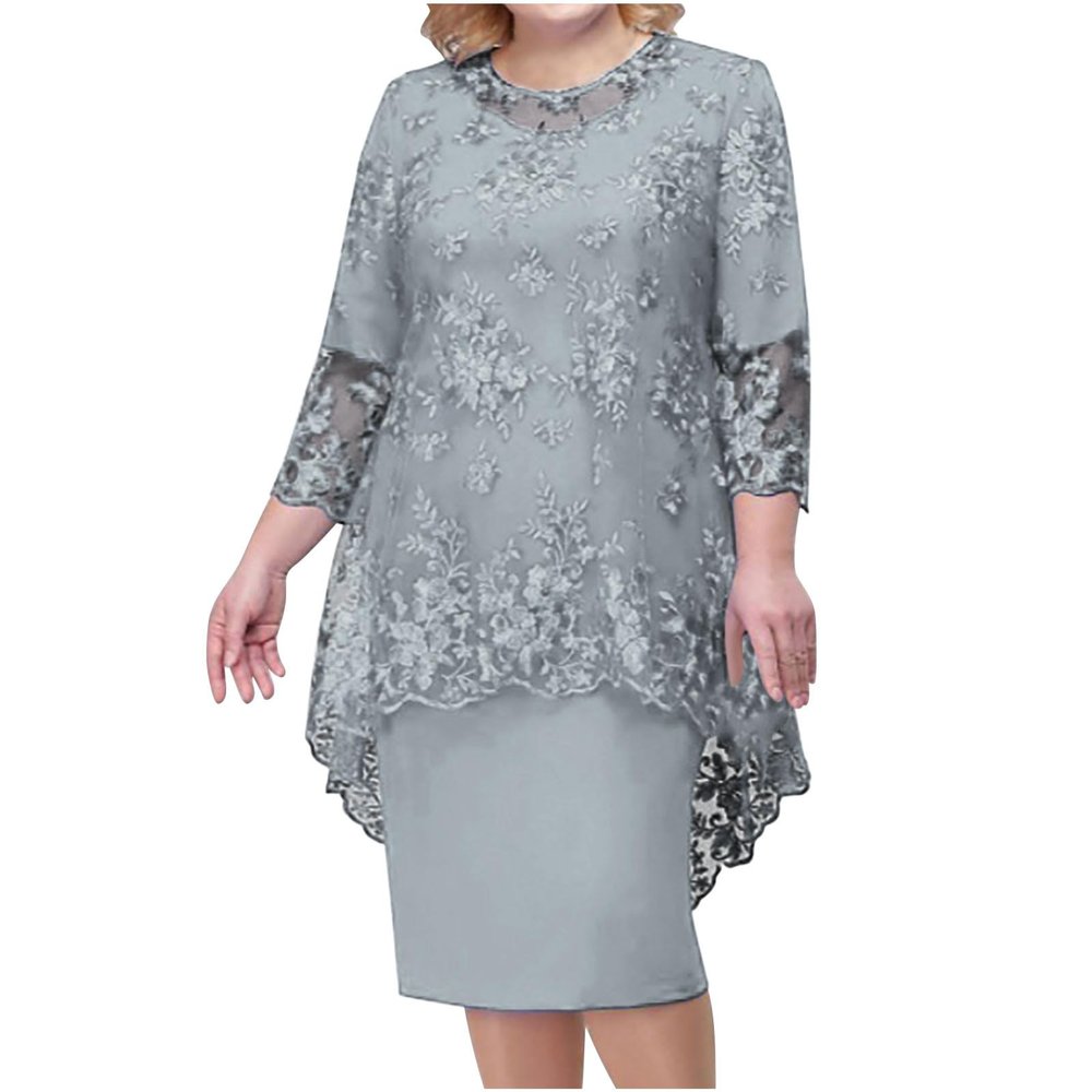 Wedding Guest Dresses Women Ladies 3/4 Sleeve Embroidered Lace Cocktail Dress Knee Length Evening Party Ball Gown Gray