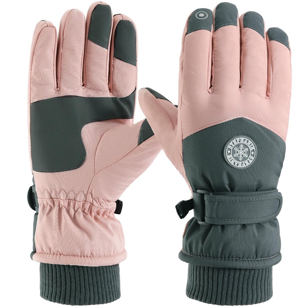 Trifabricy Winter Ski Gloves - Waterproof Windproof Glove for Men & Women, Touchscreen Snow Gloves for Cold Weather, Thermal Warm Glove for Skiing Snowbarding Driving, Pink-Grey