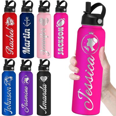 Personalized Water Bottles with Straw 24oz Custom Engraved Water Bottle for School Customized Name Double Wall Insulated-DarkPink