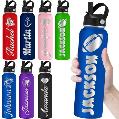 Personalized Water Bottles with Straw 24oz Custom Engraved Water Bottle for School Customized Name Double Wall Insulated-Blue