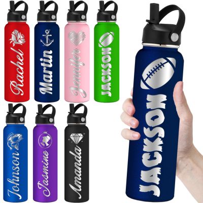 Personalized Water Bottles with Straw 24oz Custom Engraved Water Bottle for School Customized Name Double Wall Insulated-Navy