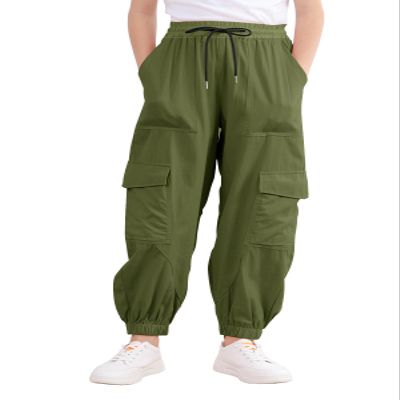 Kimoda Girls' Army Green Cargo Jogger Pants, Size 11-12, Elastic Waist, Pocket Side, Lightweight, Breathable, Casual