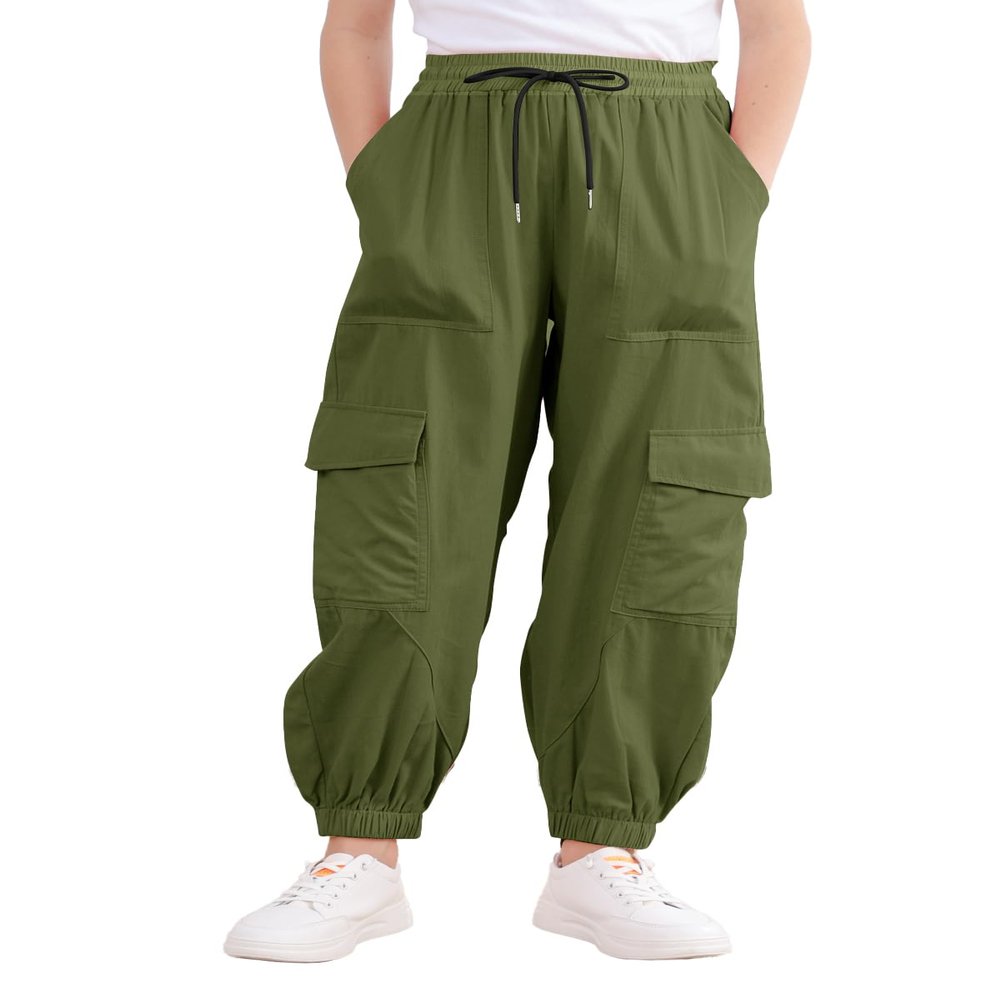 Kimoda Girls' Army Green Cargo Jogger Pants, Size 11-12, Elastic Waist, Pocket Side, Lightweight, Breathable, Casual