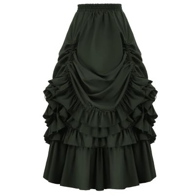 Wkishenl Women's Medieval Retro Steampunk Gothic Wrap Victorian Ruffle Layered Pleated Skirts Renaissance Cupcake Skirt Green