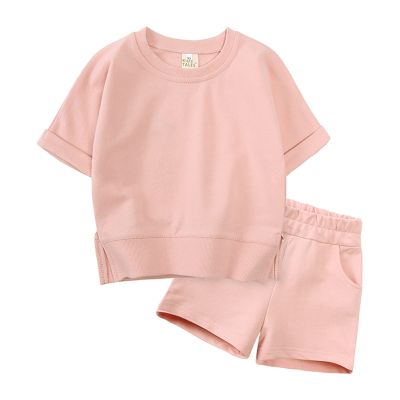 Toddler Kids Baby Boy Girl Short Set Solid Color Cotton Pullover Short Sleeve Sweatshirt T Shirt (Pink, 12-24 Months)