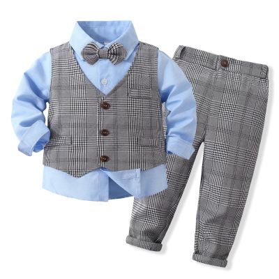 Toddler Blue Long Sleeve Dress Shirts Plaid Vest Check Pant with Bowtie Elegant Gentleman Outfits for Boys 2-3T