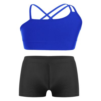 Yartina Kids Girls Sleeveless Sports Bra Crop Top with Booty Shorts Set 2 Pcs Gymnastics Ballet Dance Outfit Royal Blue&Black 8 Years