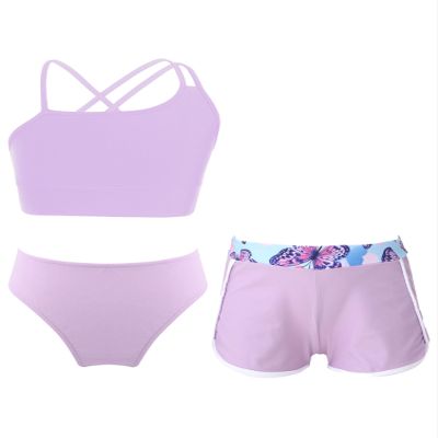YONGHS Kids Girls Tankini Swimsuit Printed Swimwear Crop Tops with Briefs Boyshorts Set 3-Piece Bathing Suit Lavender C 14 Years