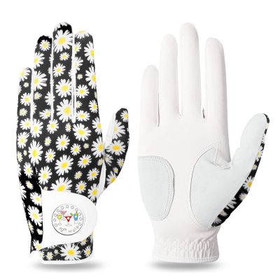 FINGER TEN Stylish Golf Gloves Women with Ball Marker 1 Pack for Left or Right Hand, Breathable Glove with Fashion Patterns for Ladies Right Left Handed Golfer (Full-Daisy, Small, Left)