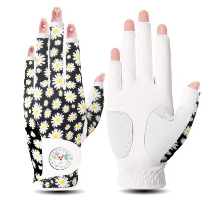 FINGER TEN Stylish Golf Gloves Women with Ball Marker 1 Pack for Left or Right Hand, Breathable Glove with Fashion Patterns for Ladies Right Left Handed Golfer (Half-Daisy, Small, Left)