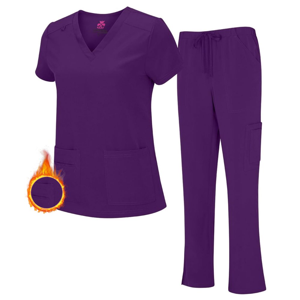 M&M SCRUBS Women's Stretch Scrub Set - Cool V-Neck Top & Cargo Pant, Breathable Moisture Wicking Medical Uniform (Eggplant, Small)