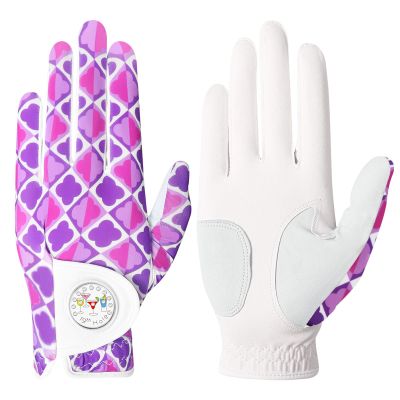 FINGER TEN Stylish Golf Gloves Women with Ball Marker 1 Pack for Left or Right Hand, Breathable Glove with Fashion Patterns for Ladies Right Left Handed Golfer (Full-Purple, X-Large, Left)