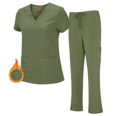 M&M SCRUBS Women's Stretch Scrub Set - Cool V-Neck Top & Cargo Pant, Breathable Moisture Wicking Medical Uniform (Olive, Small)