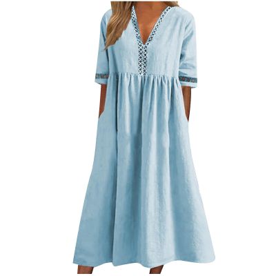 Linen Dress for Women Lace Trim V Neck Short Sleeve T Shirt Dresses Plus Size Pleated Loose Fit Tunic Midi Dress Sky Blue