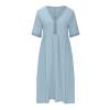 Linen Dress for Women Lace Trim V Neck Short Sleeve T Shirt Dresses Plus Size Pleated Loose Fit Tunic Midi Dress Sky Blue view 4
