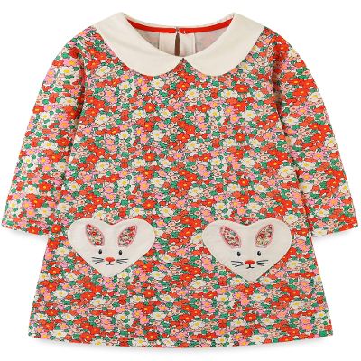 FreeLu Girls Cartoon Applique Dresses Striped Casual Dress Cotton Jersey Longsleeve T-Shirt(Bunny Pockets,7T)