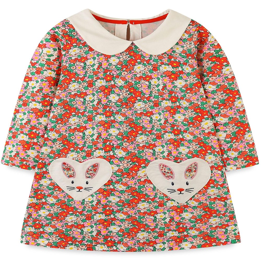 FreeLu Girls Cartoon Applique Dresses Striped Casual Dress Cotton Jersey Longsleeve T-Shirt(Bunny Pockets,7T)