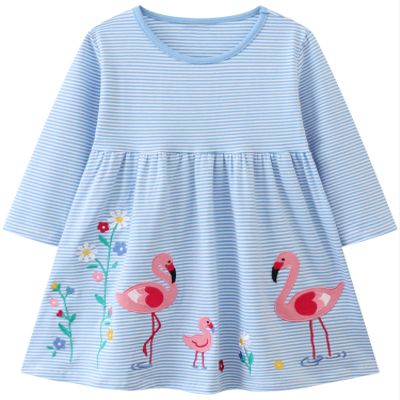 FreeLu Girls Cartoon Applique Dresses Striped Casual Dress Cotton Jersey Longsleeve T-Shirt(Stripes Flamingo,2T)