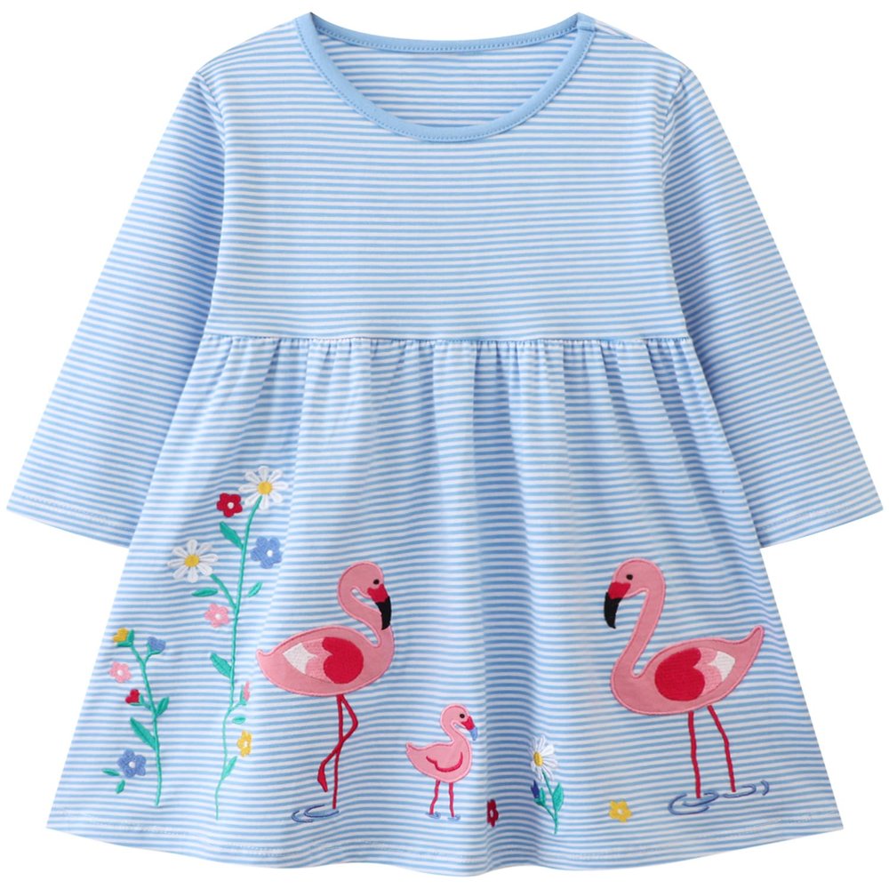 FreeLu Girls Cartoon Applique Dresses Striped Casual Dress Cotton Jersey Longsleeve T-Shirt(Stripes Flamingo,2T)