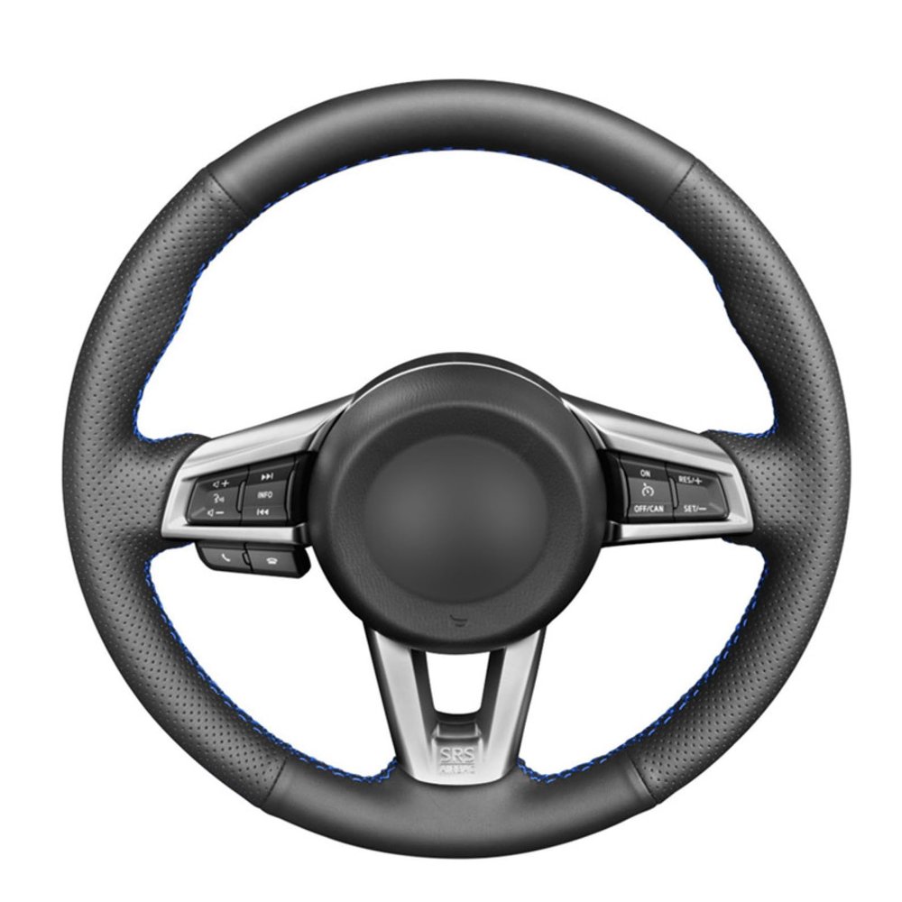 Black Leather Car Steering Wheel Cover for Mazda MX5 MX-5 2016 2017 2018 2019 2020 Hand-Stitched Car Steering Wheel Cover