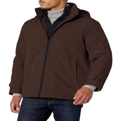 Dockers Men's Dwight Soft Shell Bib Jacket, Dark Brown Hooded, Large