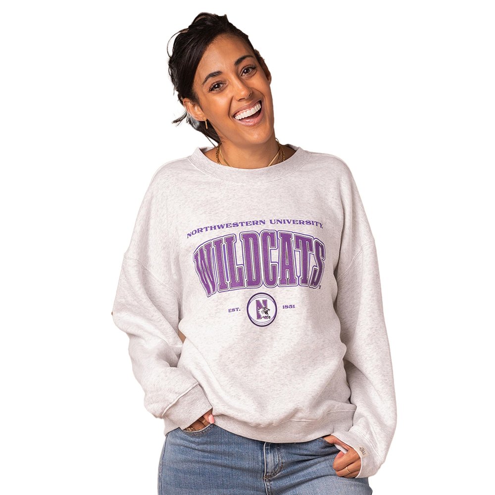Fan Girl Northwestern Vintage Oversized Crewneck Sweatshirt, Wildcats Womens Apparel, Ash Grey, Size Large