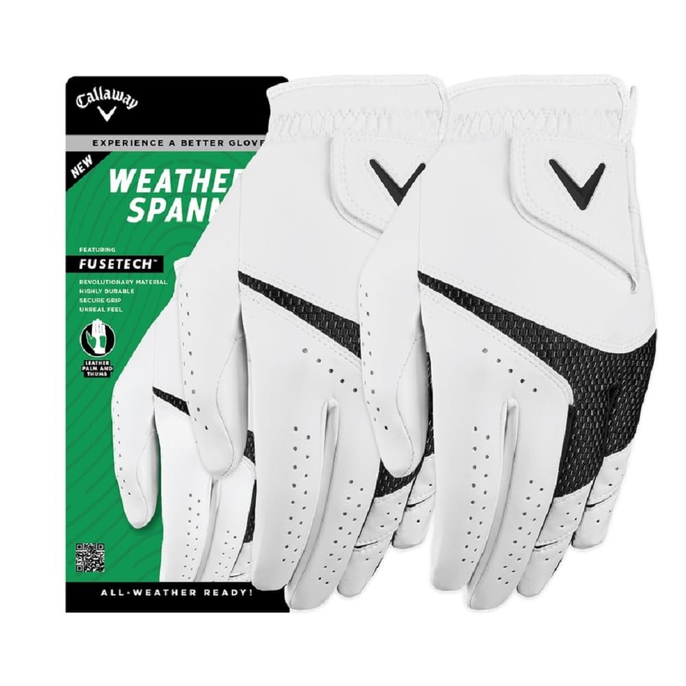 Callaway Golf Weather Spann Glove (Worn on Left Hand, Cadet (Short Fingers), X-Large, White (2-Pack))