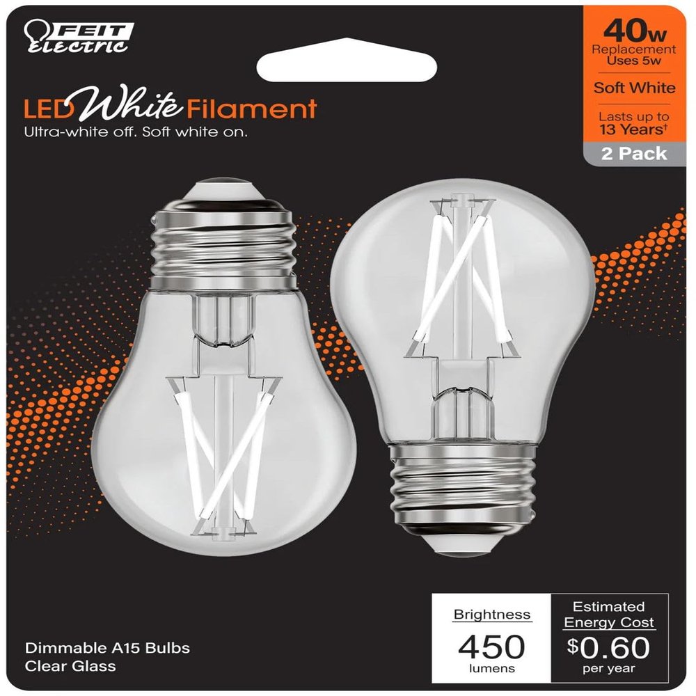 Feit Electric BPA1540927CAWFIL/2 Soft White Exposed White Filament LED Light Bulb, Box of 2 Bulbs; 5W; 2700K; E26 Base; 450 Lumens; Dimmable; 90 CRI; 15000 Rated Life Hours; 120V; 1.8" MOD; 3.2" MOL