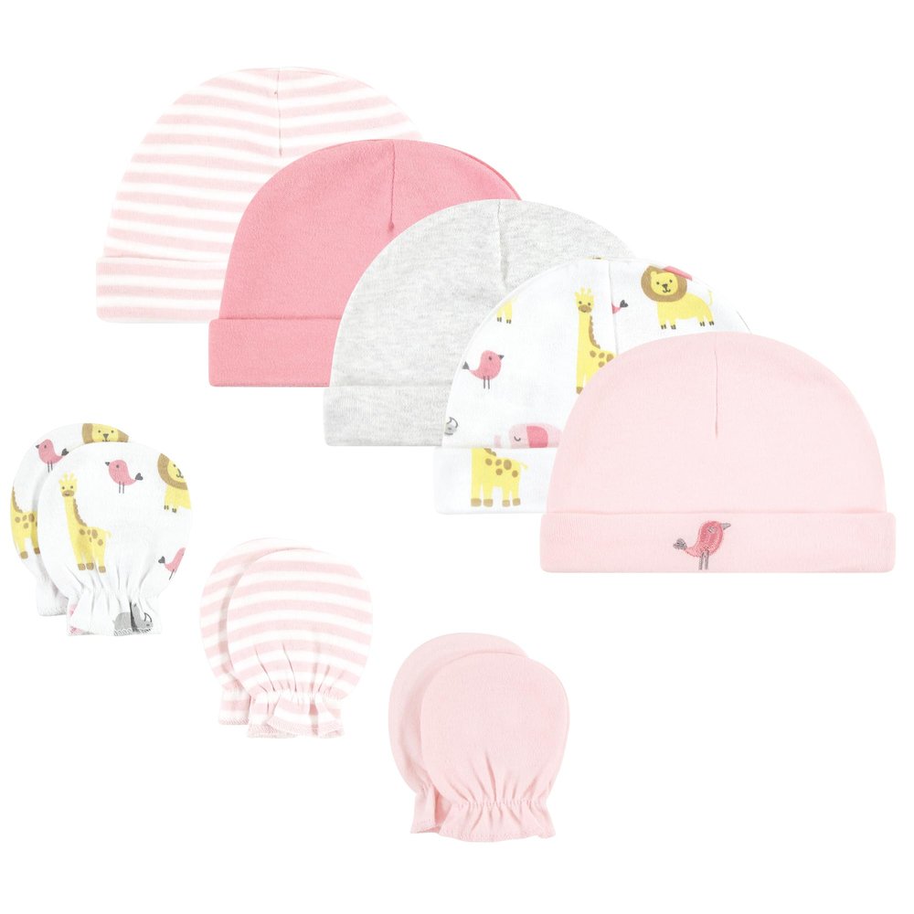 Hudson Baby Unisex Baby Cotton Cap and Scratch Mitten Set, Girl Yellow Safari, 0-6 Months