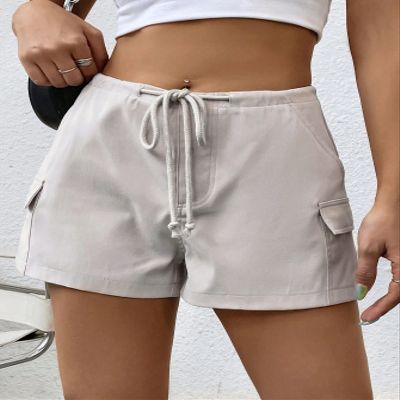 AKIOLOAS Women's Shorts Flap Pocket Side Drawstring Waist Cargo Shorts Women's Shorts Shorts for Women (Color : Light Grey, Size : Medium)