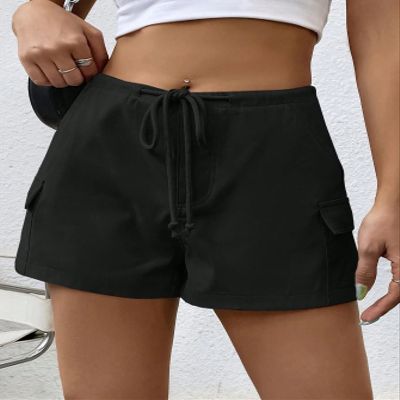 AKIOLOAS Women's Shorts Flap Pocket Side Drawstring Waist Cargo Shorts Women's Shorts Shorts for Women (Color : Black, Size : Medium)
