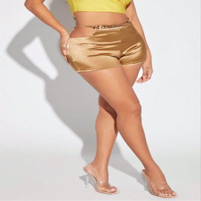 AKIOLOAS Women's Shorts Chain Detail Cut Out Waist Satin Shorts Women's Shorts Shorts for Women (Color : Gold, Size : Large)