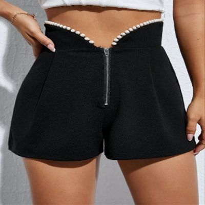 AKIOLOAS Women's Shorts Pearls Beaded Zip Fly Shorts Women's Shorts Shorts for Women (Color : Black, Size : X-Small)