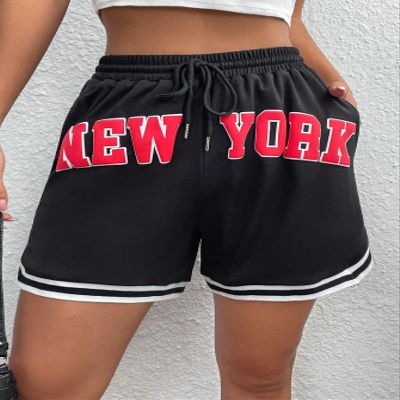 AKIOLOAS Women's Shorts Letter Graphic Striped Trim Drawstring Waist Shorts Women's Shorts Shorts for Women (Color : Black, Size : Large)