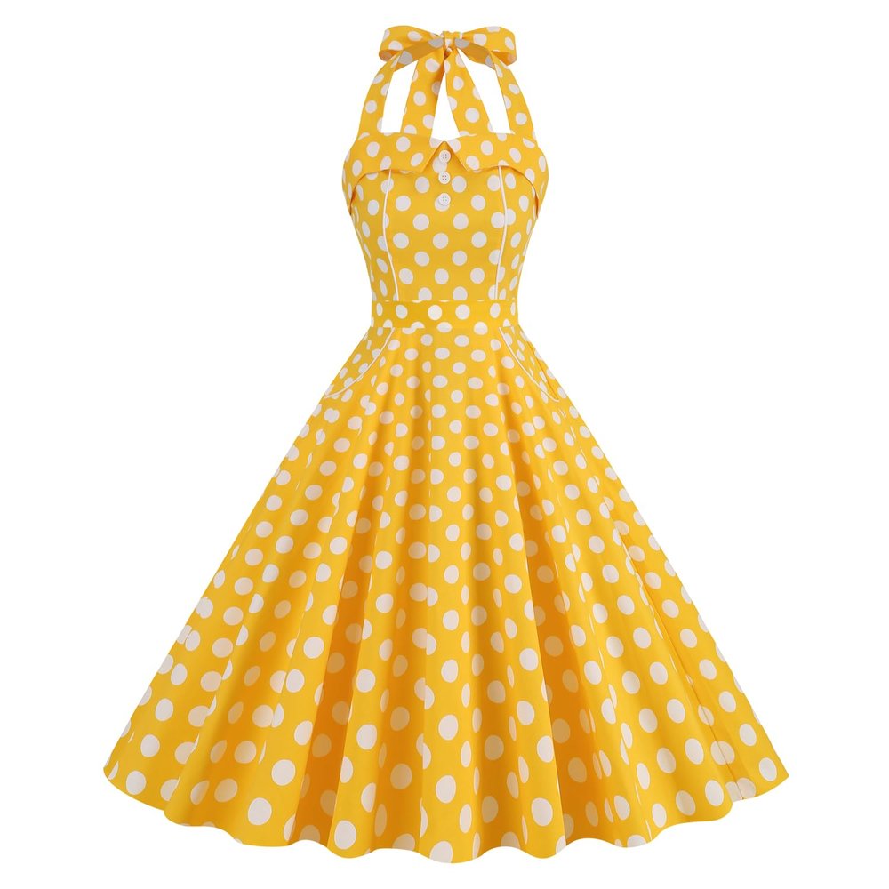 50s 60s Polka Dot Dress for Women 1950s Vintage Dress Retro Cocktail Halter Dresses High Waisted Bandage Belted Pockets Rockabilly Casual Beach Swing A Line Dress Halloween Christmas Outfit Yellow S