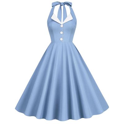 Women's Vintage 1950s Dress Retro Polka Dot Dress for Women 50s 60s Halter Dress Casual Cocktail Swing Party Rockabilly Dresses Audrey Hepburn A-Line Birthday Gowns 2023 Light Blue 2XL