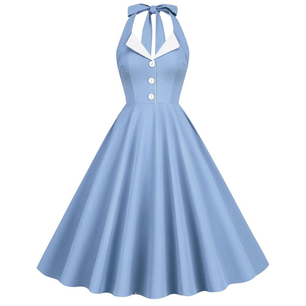 Women's Vintage 1950s Dress Retro Polka Dot Dress for Women 50s 60s Halter Dress Casual Cocktail Swing Party Rockabilly Dresses Audrey Hepburn A-Line Birthday Gowns 2023 Light Blue 2XL