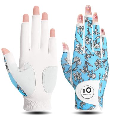 FINGER TEN Stylish Golf Gloves Women with Ball Marker 1 Pack for Left or Right Hand, Breathable Glove with Fashion Patterns for Ladies Right Left Handed Golfer (Half-Iris, X-Large, Right)