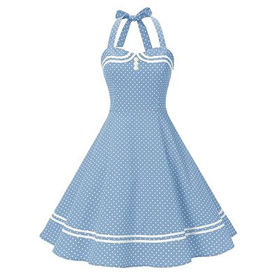 Women's Vintage 1950s Dress Retro Polka Dot Dress for Women 50s 60s Halter Dress Casual Cocktail Swing Party Rockabilly Dresses Audrey Hepburn A-Line Birthday Gowns 2023 Sky Blue Polka Dot S